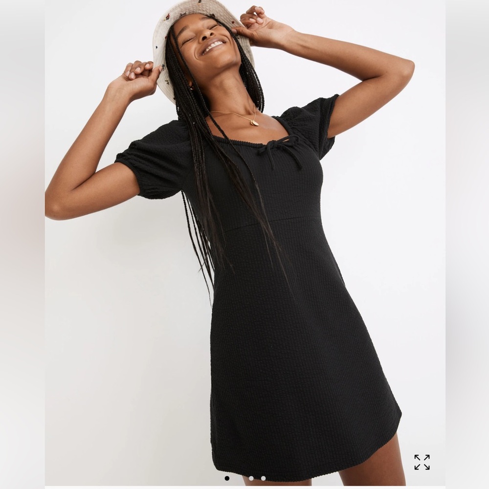 Seersucker Knit Puff-Sleeve Mini Dress